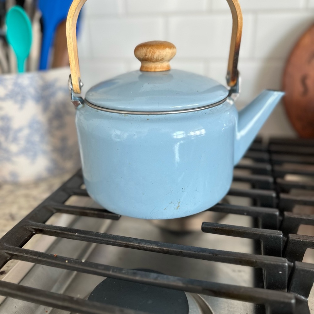 Blue Enamel Retro Teapot with Teak Handle
